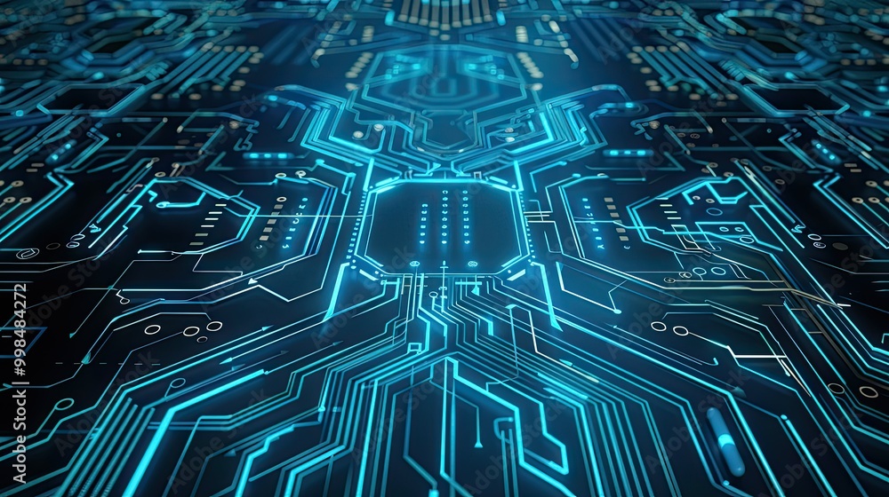 Quantum computer technologies concept. Futuristic blue circuit board background Quantum computer technologies concept. Futuristic blue circuit board background