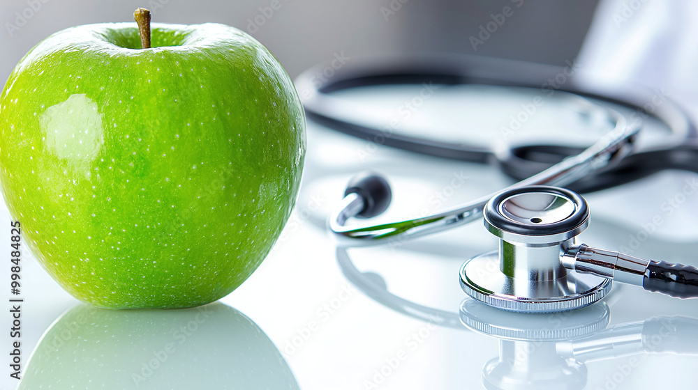 close-up of a green apple and a stethoscope on a white reflective surface close-up of a green apple and a stethoscope on a white reflective surface