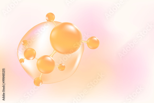Nude beige, pink oil or collagen molecule formula, with light gold liquid particles, bubbles pattern. Hyaluronic acid serum chemical formula background with copy space. Beauty treatment nutrition.
