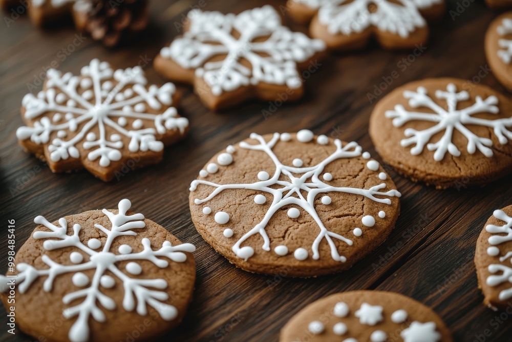 A wooden table decorated with gingerbread cookies for Christmas A wooden table decorated with gingerbread cookies for Christmas