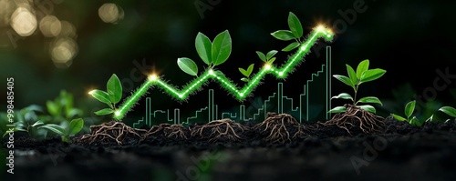 Stock market bar chart with nature elements like leaves and roots, symbolizing sustainable investment photo