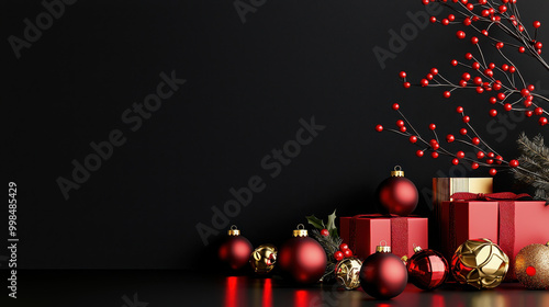 Festive arrangement of red and gold Christmas ornaments, gift boxes, and decorative branches on a dark background