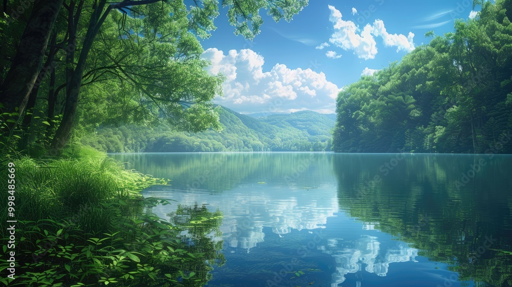 A tranquil lake surrounded by lush green forest, reflecting the blue sky and fluffy clouds. A tranquil lake surrounded by lush green forest, reflecting the blue sky and fluffy clouds.