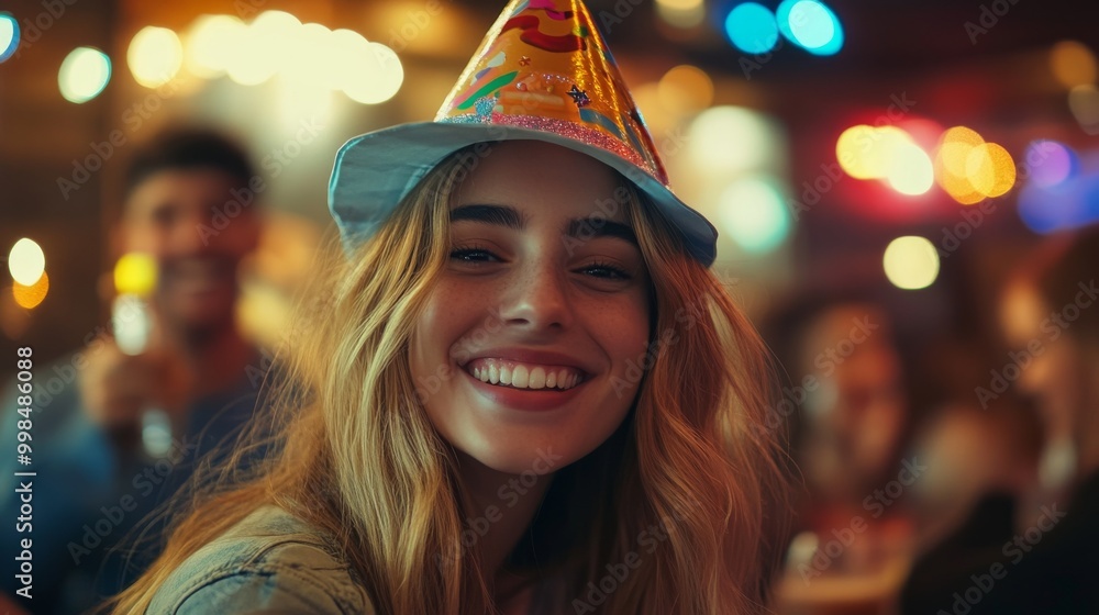 Fototapeta premium Wearing party hats, colleagues celebrate the New Year in style.