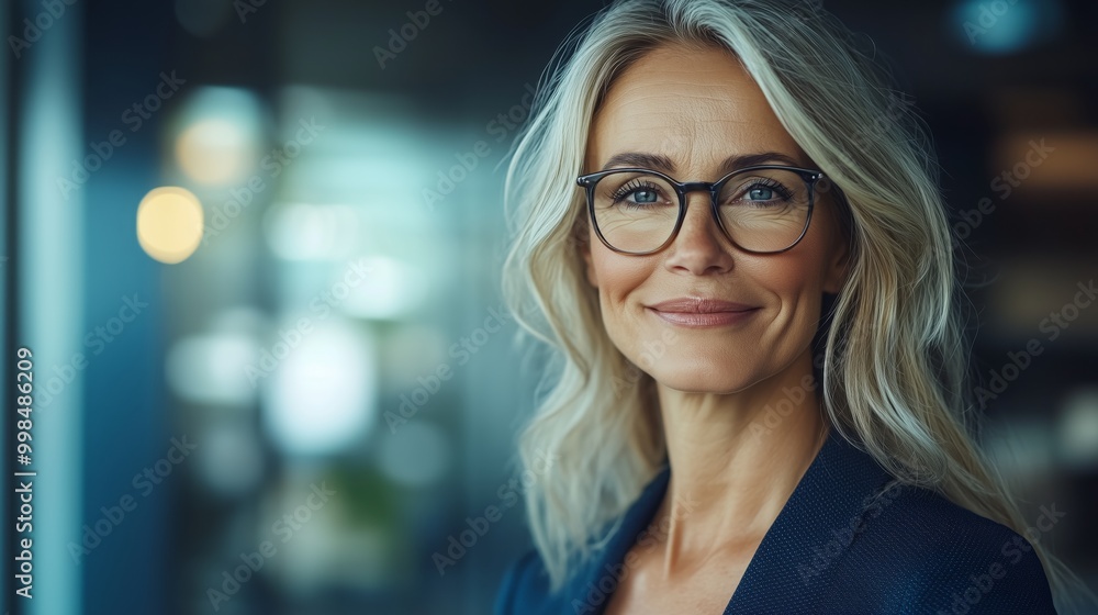 portrait of a beautiful smiling middle aged business woman wearing glasses, standing in an office with a dark blue background portrait of a beautiful smiling middle aged business woman wearing glasses, standing in an office with a dark blue background