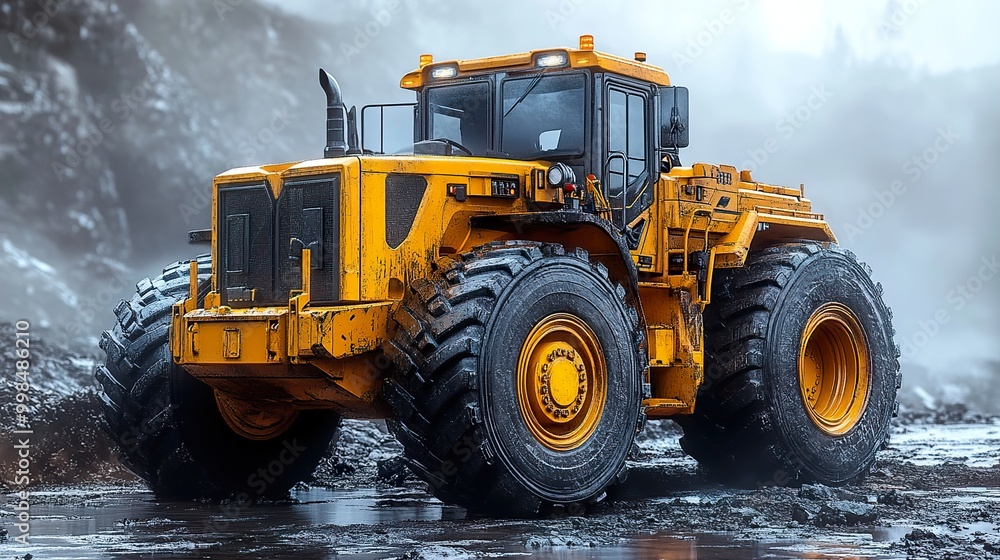 Powerful Yellow Tractor on a Muddy Construction Site Powerful Yellow Tractor on a Muddy Construction Site