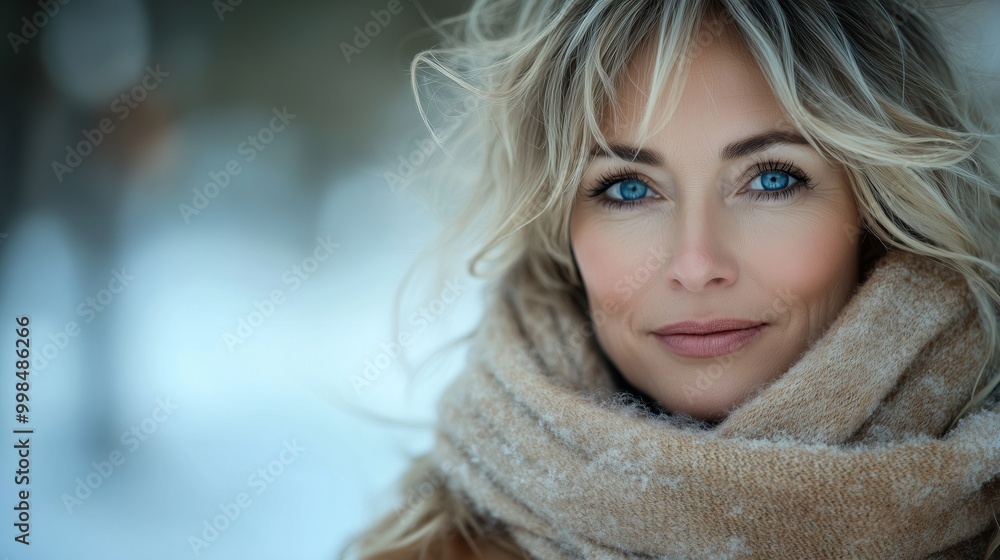 portrait of a beautiful woman in her fifties with blonde hair and blue eyes, wearing winter and a scarf portrait of a beautiful woman in her fifties with blonde hair and blue eyes, wearing winter and a scarf