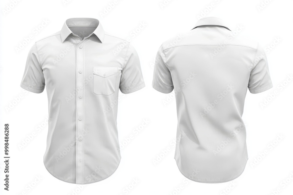 Shirt mockups showing a white short-sleeve button-down shirt on the front and back Shirt mockups showing a white short-sleeve button-down shirt on the front and back
