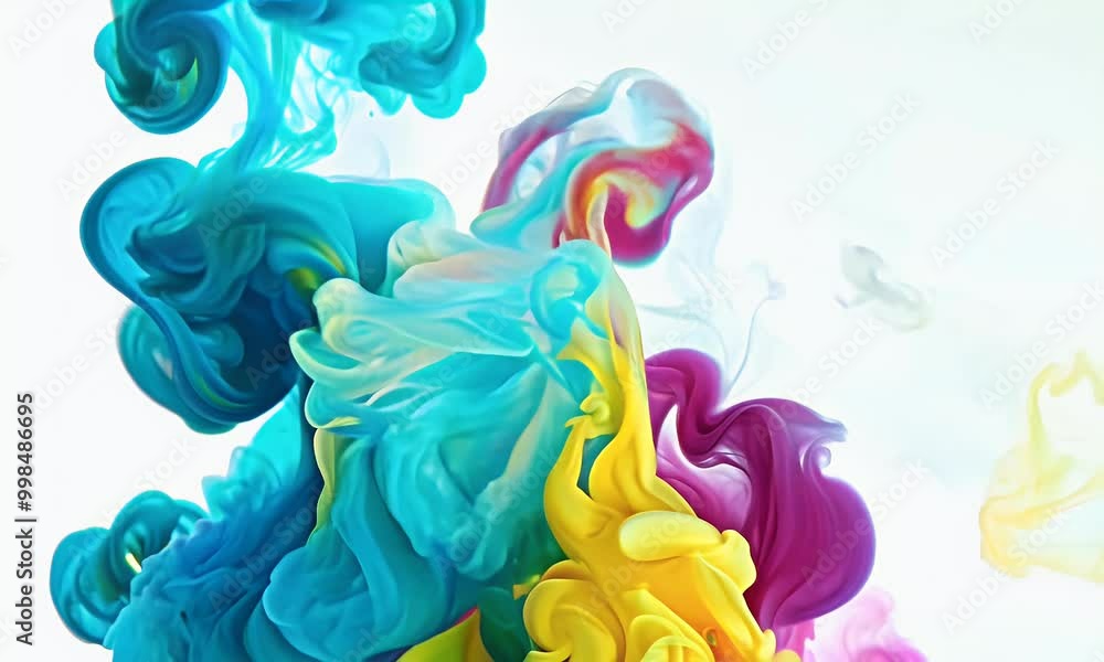 Abstract ink colors in cyan, magenta, and yellow move fluidly through ...