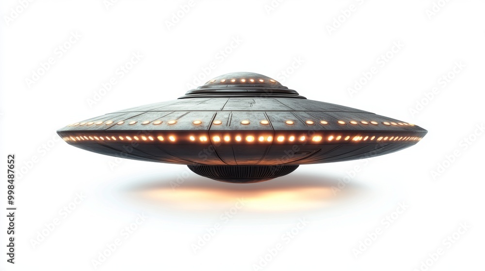 A UFO spaceship flying in the sky, isolated on a white background. A UFO spaceship flying in the sky, isolated on a white background.