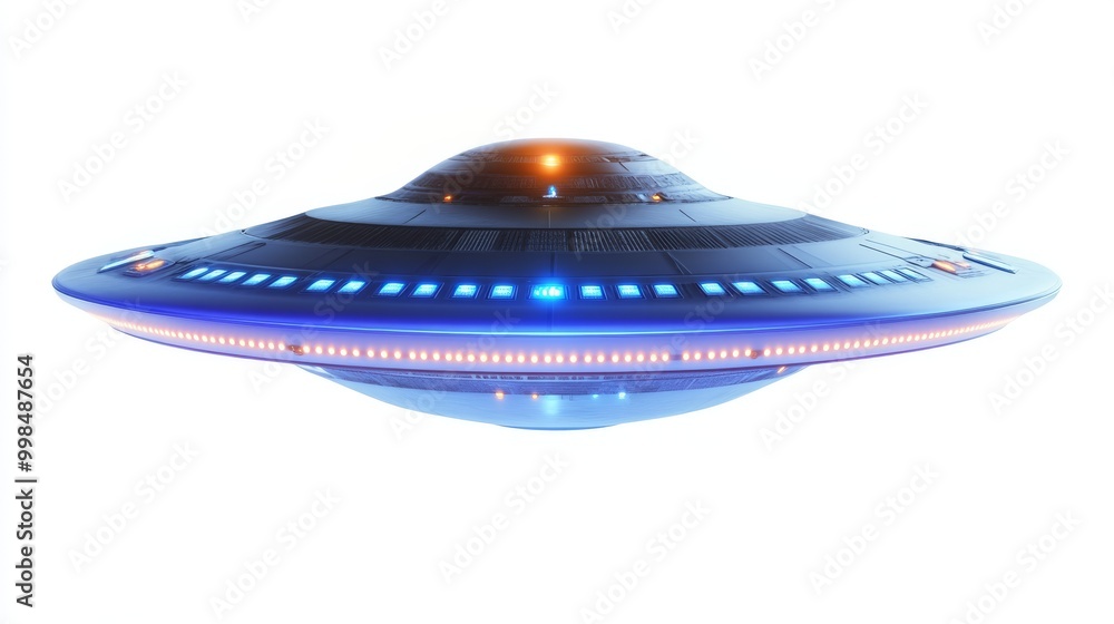 A UFO spaceship travelling in the sky, isolated on a white background. A UFO spaceship travelling in the sky, isolated on a white background.