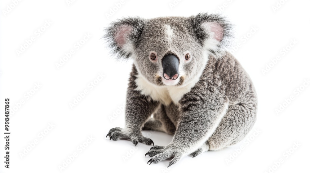 Fototapeta premium Koala sitting on white background, Phascolarctos cinereus, 14 months of age