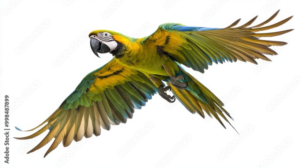 Fototapeta premium A flying Amazon parrot set against a white background