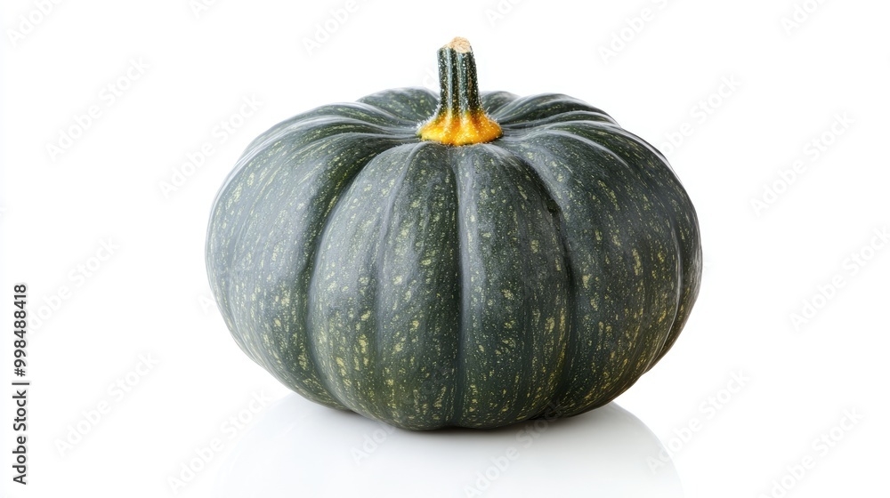 small green pumpkin with yellow spot on white background with shadow and reflection small green pumpkin with yellow spot on white background with shadow and reflection