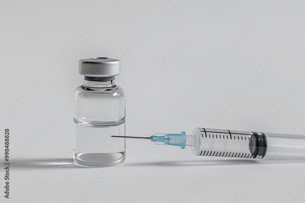 Syringe is lying on a white surface near a medical vial containing transparent liquid