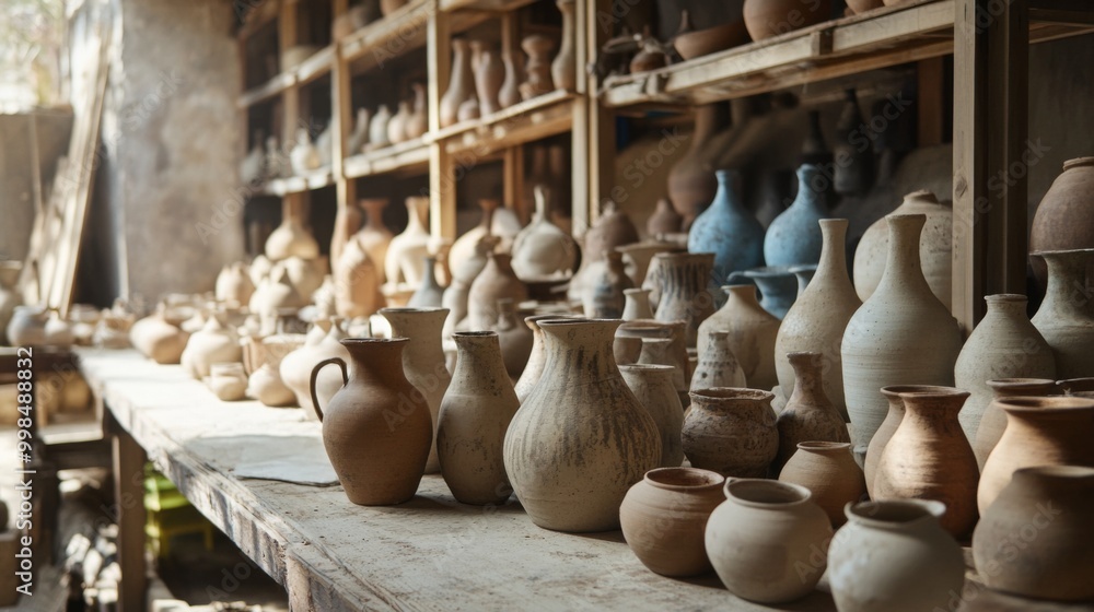 A collection of handmade pottery in a workshop with a focus on different shapes, sizes, and textures. A collection of handmade pottery in a workshop with a focus on different shapes, sizes, and textures.