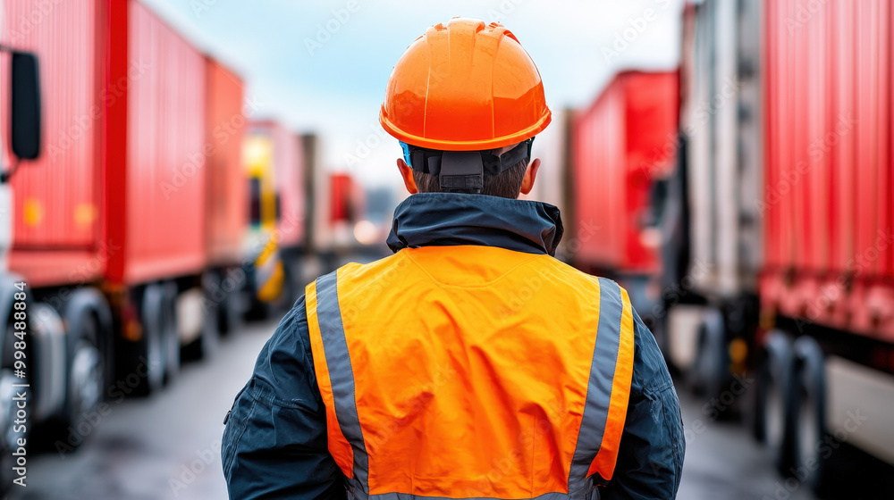 A customs officer blocking trucks at a border checkpoint, border trade restriction, global commerce obstacle A customs officer blocking trucks at a border checkpoint, border trade restriction, global commerce obstacle