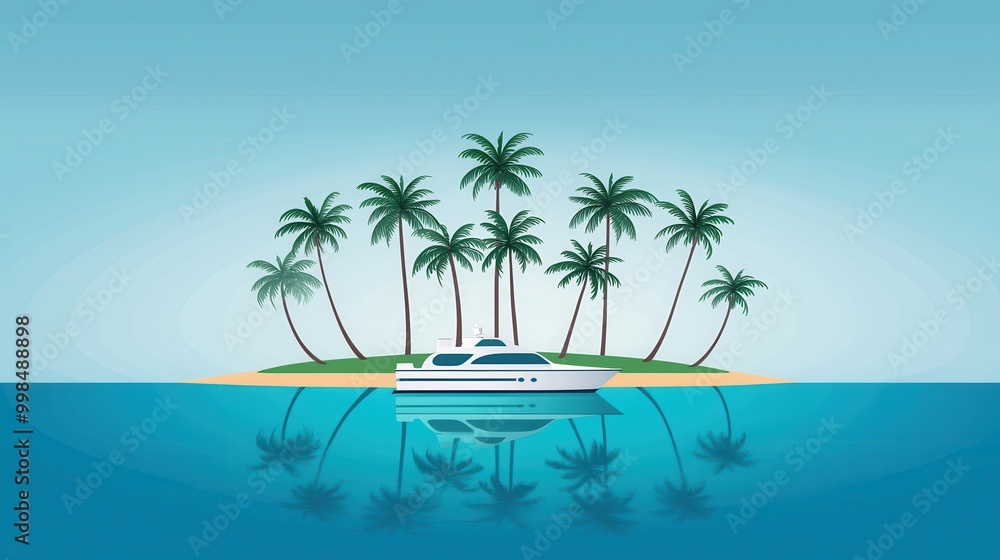 Tropical Island with Palm Trees and Luxury Yacht on Calm Blue Waters Under Clear Sky Tropical Island with Palm Trees and Luxury Yacht on Calm Blue Waters Under Clear Sky