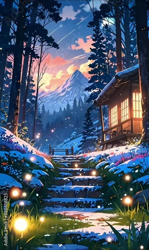 A beautiful landscape of a cabin and mountains in the background anime art style