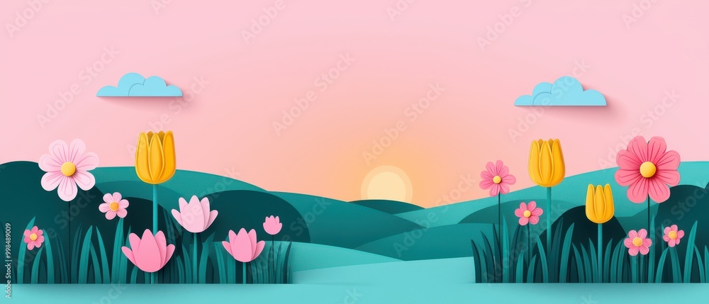 Obraz premium Beautiful Weather Conditions and Climate Landscape with Colorful Flowers and Rolling Hills at Sunset