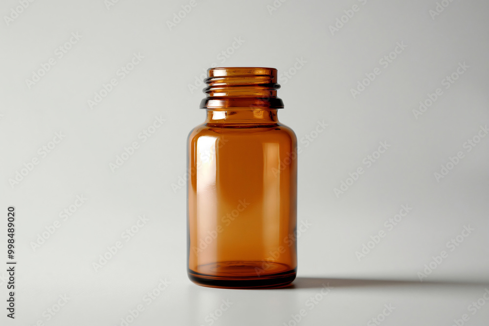Unmarked amber glass bottle sits upright on a shiny white surface, reflecting its surroundings, hinting at mystery and possibility Unmarked amber glass bottle sits upright on a shiny white surface, reflecting its surroundings, hinting at mystery and possibility