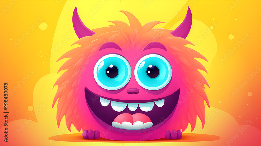 Cute, fluffy pink monster with big eyes and a wide grin Cute, fluffy pink monster with big eyes and a wide grin