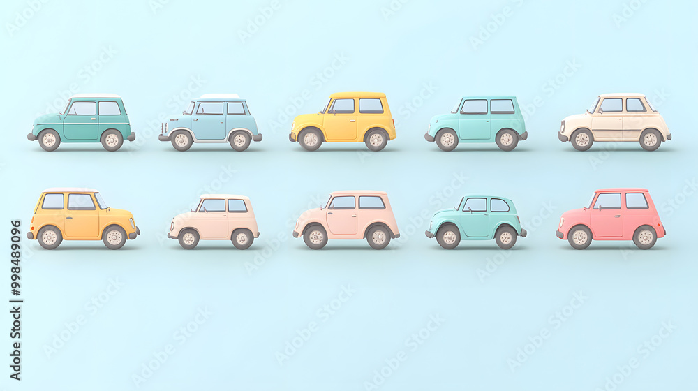 Fototapeta premium Minimal pastel car set of icons with rounded edges and soft colors placed on a plain background