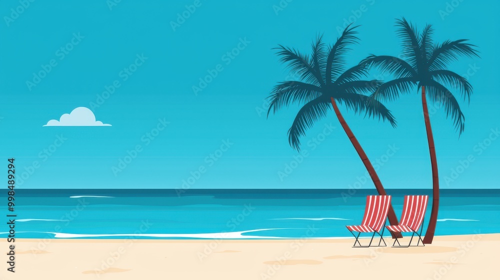 Tropical Beach Scene with Palm Trees and Lounge Chairs Under Clear Blue Sky Tropical Beach Scene with Palm Trees and Lounge Chairs Under Clear Blue Sky
