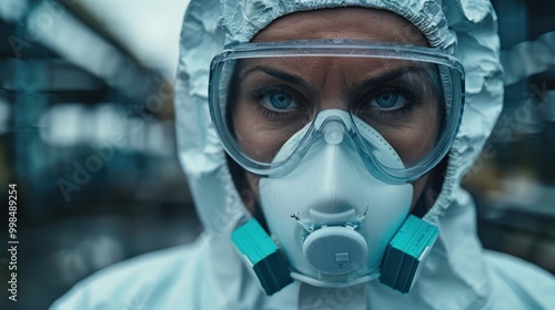 A man in a chemical contamination zone. A scientist in a protective suit working in a biological contamination zone