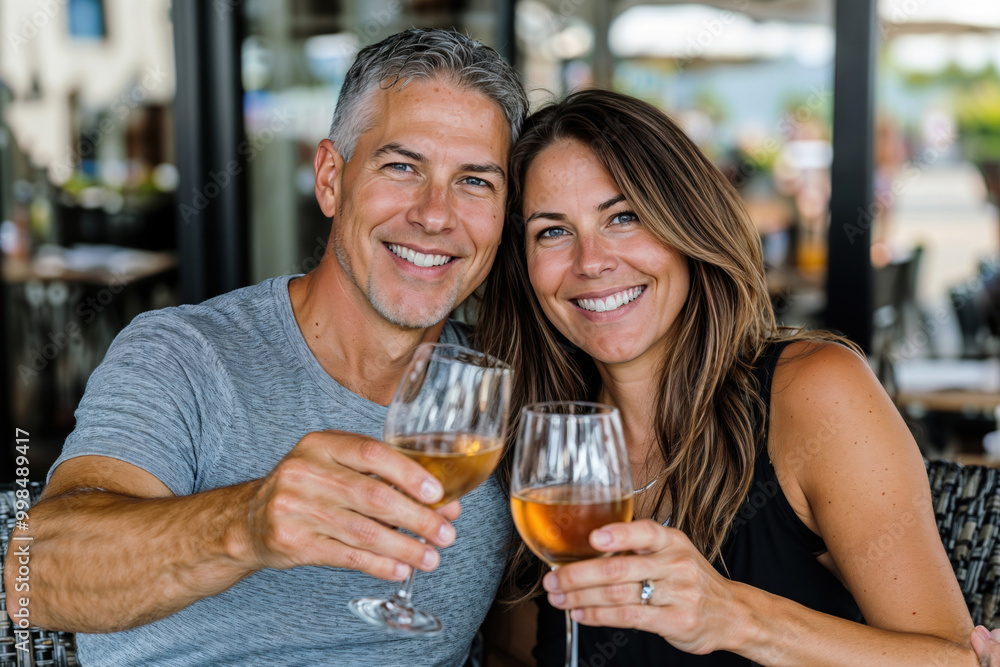 couple souriant dans un restaurant qui trinque en semble avec un verre de vin couple souriant dans un restaurant qui trinque en semble avec un verre de vin