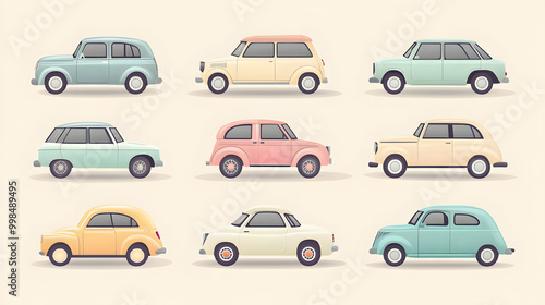 Minimal pastel car set of icons with rounded edges and soft colors placed on a plain background