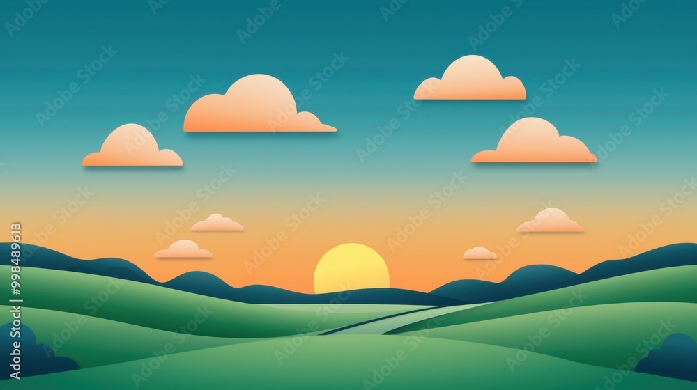 Serene Landscape with Rolling Hills and Sunset Sky Featuring Puffy Clouds in a Tranquil Weather Condition Serene Landscape with Rolling Hills and Sunset Sky Featuring Puffy Clouds in a Tranquil Weather Condition