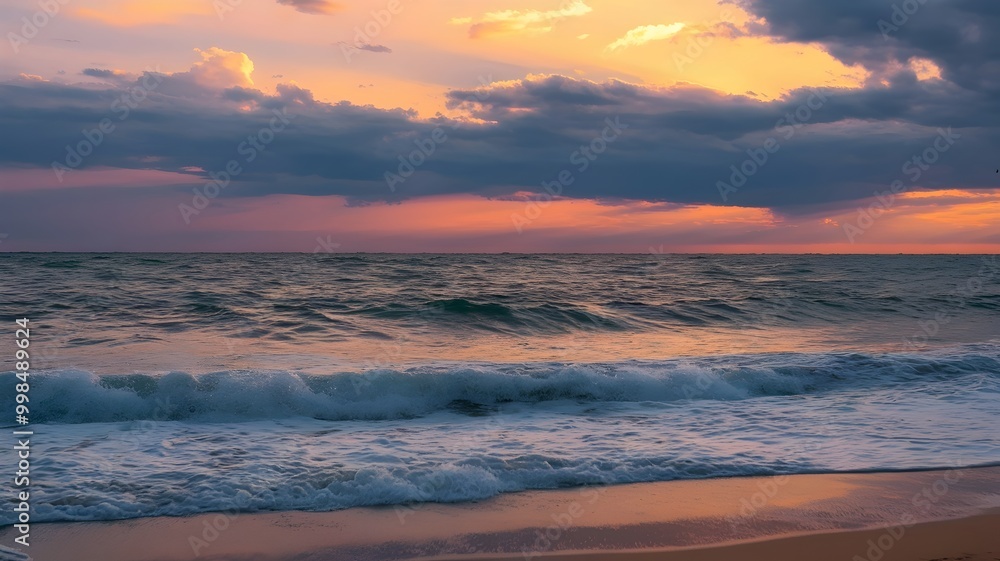 Fototapeta premium Cinematic Storm at Sunset with Waves Crashing on Shore