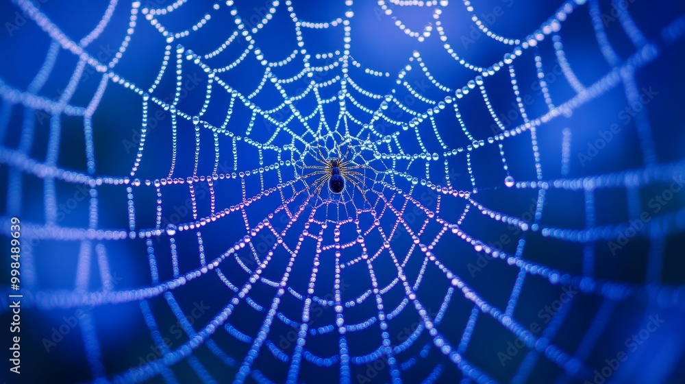 Obraz premium Close up of a spider web adorned with dew drops and a spider against a soft blue background