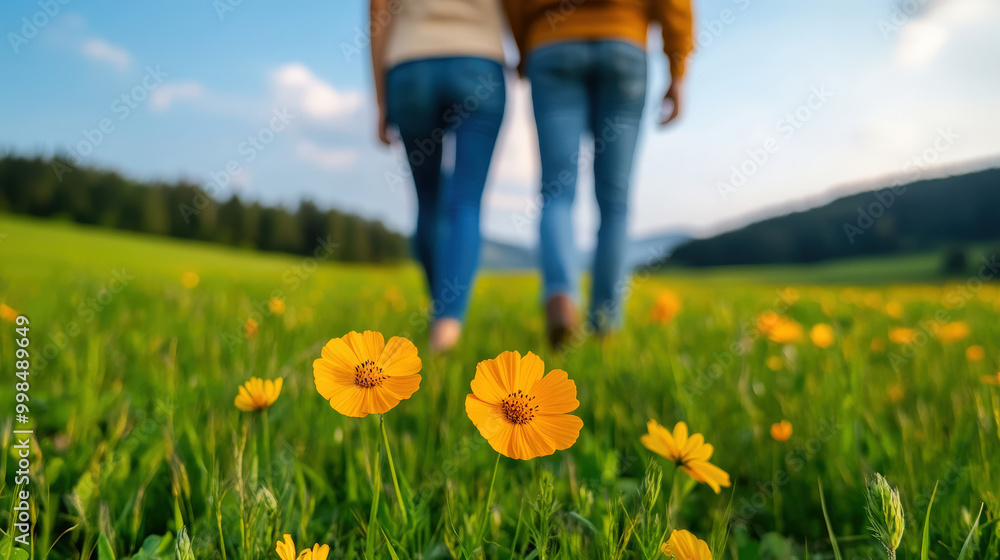 A couple walking through a field of wildflowers, enjoying the beauty of a sunny Sunday, Sunday nature walk, romantic escape A couple walking through a field of wildflowers, enjoying the beauty of a sunny Sunday, Sunday nature walk, romantic escape