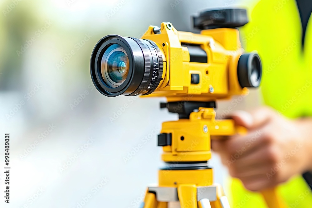 Surveyor using yellow theodolite for measurement Surveyor using yellow theodolite for measurement