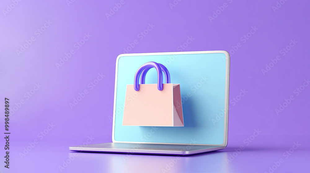 3D shopping bag icon emerging from laptop screen 3D shopping bag icon emerging from laptop screen