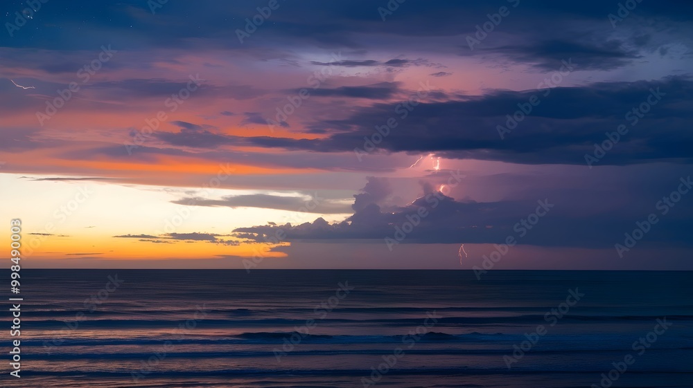 Fototapeta premium Stormy Sunset with Ocean Horizon and Lightning Bolts