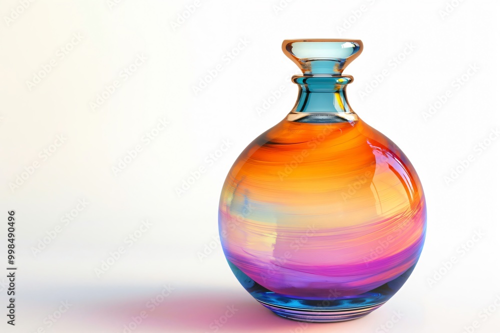 Colorful glass bottle with an elegant design, reflecting light and casting vibrant hues on a clean white background Colorful glass bottle with an elegant design, reflecting light and casting vibrant hues on a clean white background