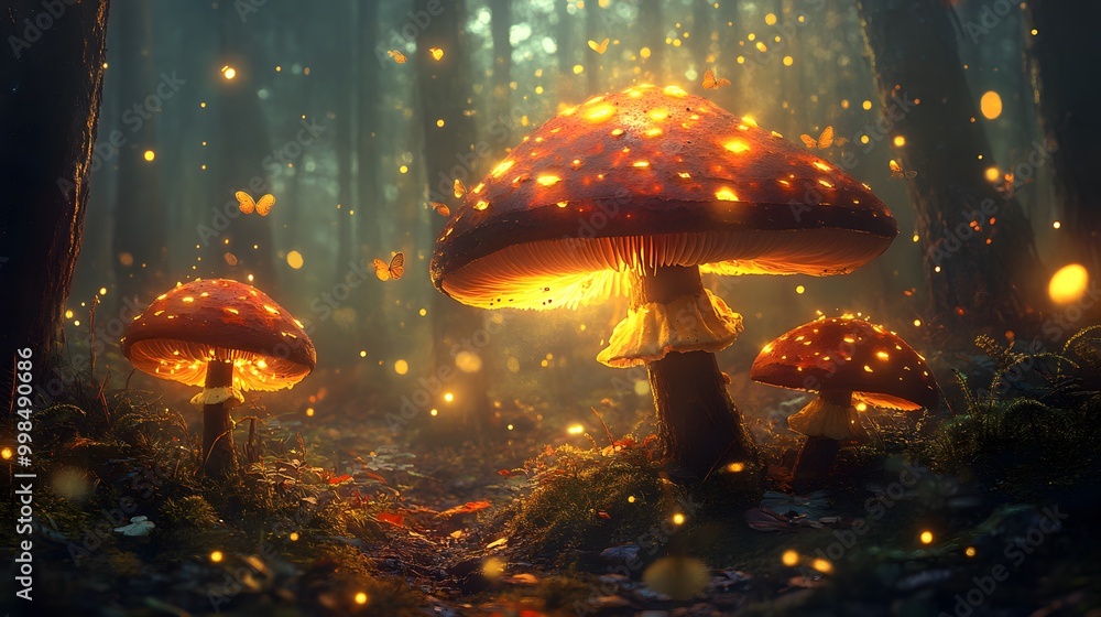 A magical forest at night, with glowing orange and blue mushrooms A magical forest at night, with glowing orange and blue mushrooms