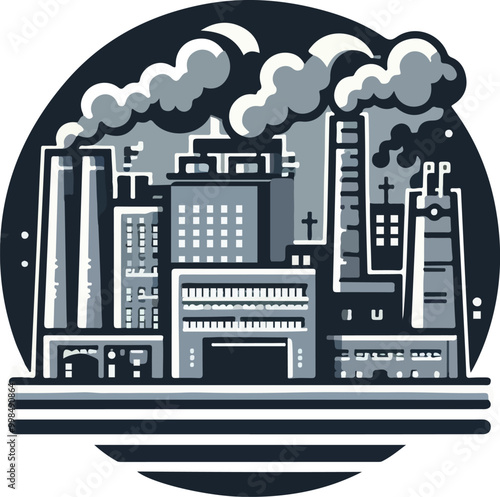 Industrial Skyline with Smokestacks Emitting Clouds in Circular Backdrop