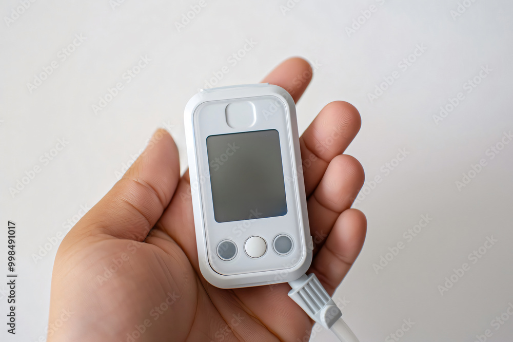 Doctor is holding a portable pulse oximeter, a medical device used to measure blood oxygen saturation and pulse rate Doctor is holding a portable pulse oximeter, a medical device used to measure blood oxygen saturation and pulse rate