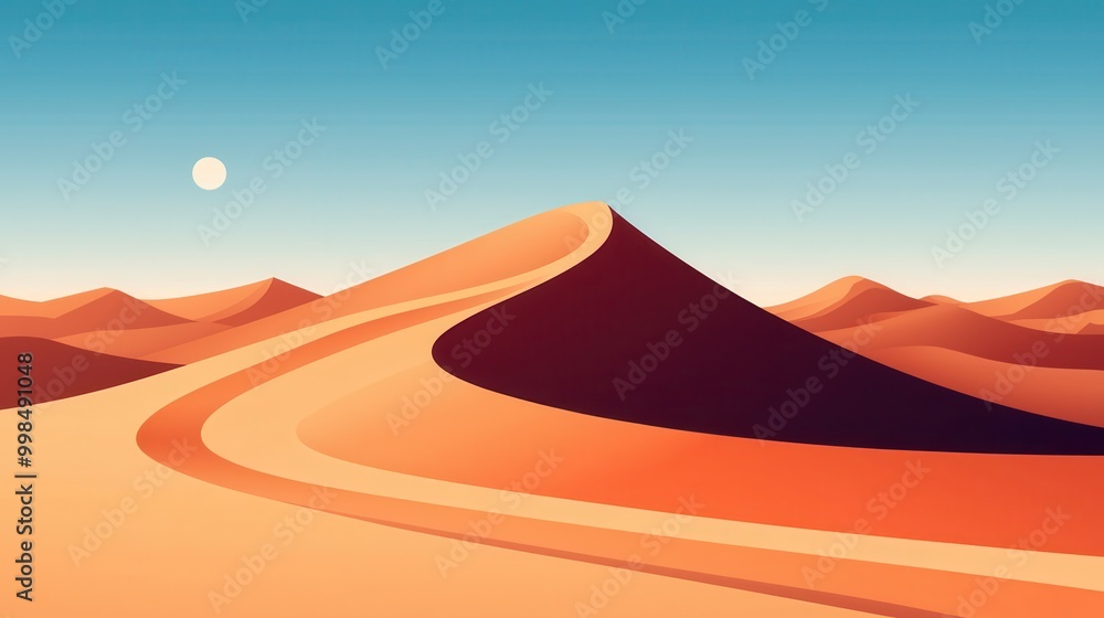 Stunning Desert Landscape with Rolling Sand Dunes Under Clear Blue Sky and Bright Sun Stunning Desert Landscape with Rolling Sand Dunes Under Clear Blue Sky and Bright Sun