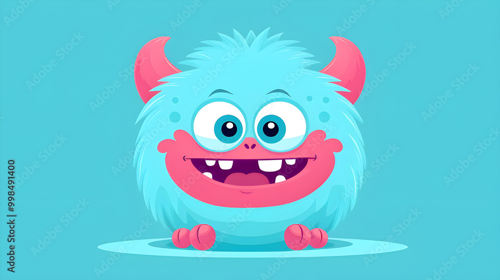Cute, fluffy blue monster with big eyes and a wide grin Cute, fluffy blue monster with big eyes and a wide grin