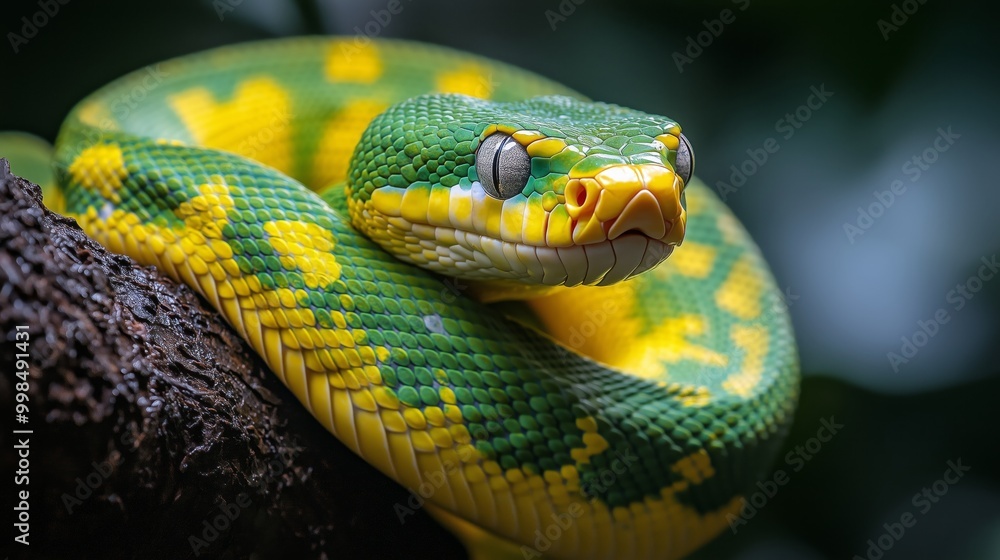 A close-up of the green-yellow snake, curled up on its tree branch with its head held high and eyes focused ahead A close-up of the green-yellow snake, curled up on its tree branch with its head held high and eyes focused ahead