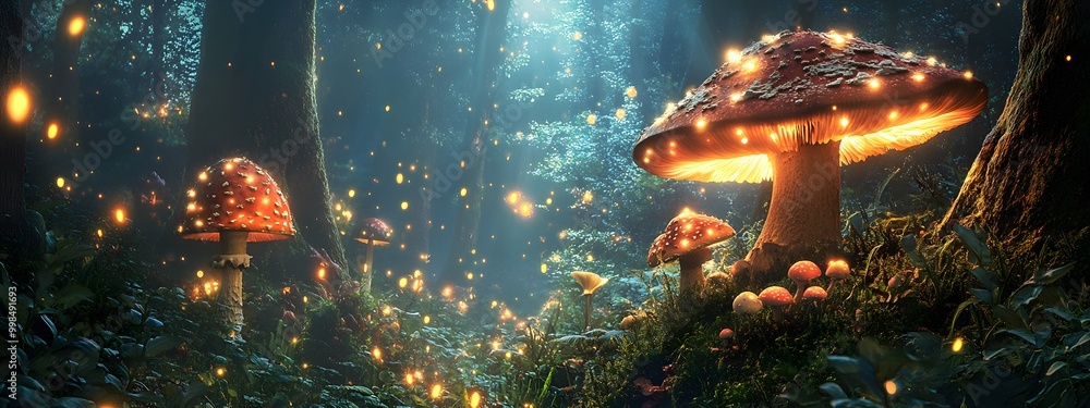 A magical forest at night, with glowing orange and blue mushrooms A magical forest at night, with glowing orange and blue mushrooms
