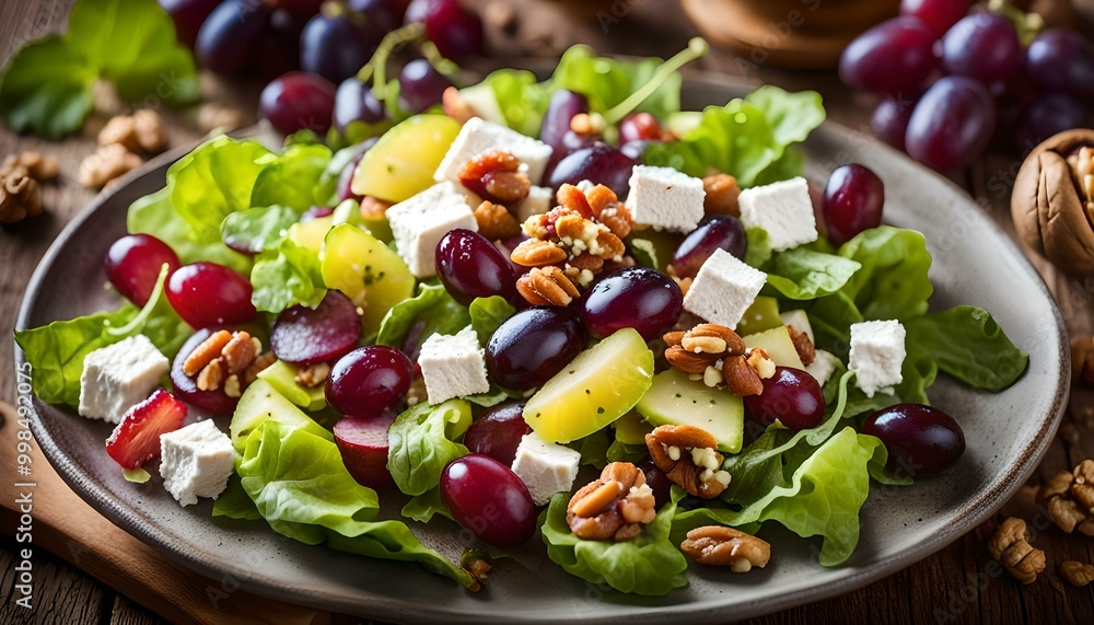 Italian spring salad with goat cheese, grapes and walnuts. Served with croutons. Top view.
Italian spring salad with goat cheese, grapes and walnuts. Served with croutons. Top view.