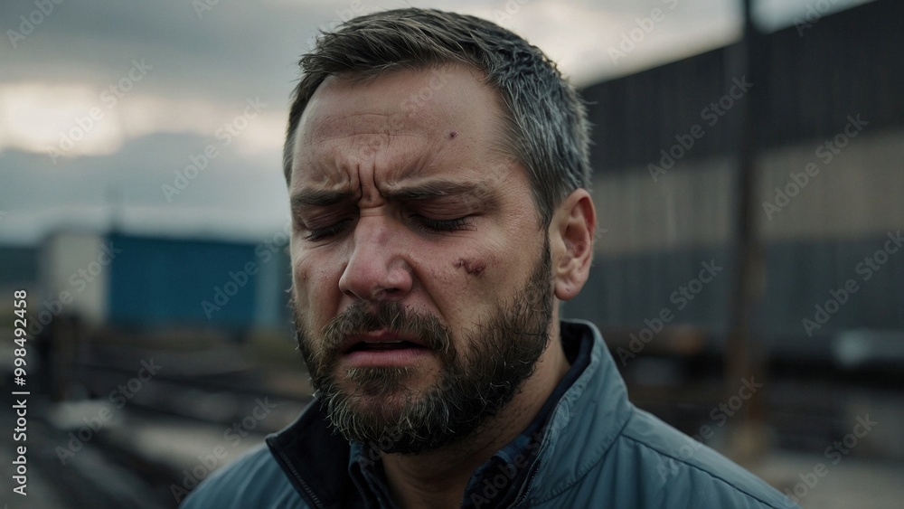 A close-up expressive photo portrait of distressed worried crying bearded man person with suffering expression on his face. Pain, problems, headache, migraine, loss, grief, suffer illustration. A close-up expressive photo portrait of distressed worried crying bearded man person with suffering expression on his face. Pain, problems, headache, migraine, loss, grief, suffer illustration.