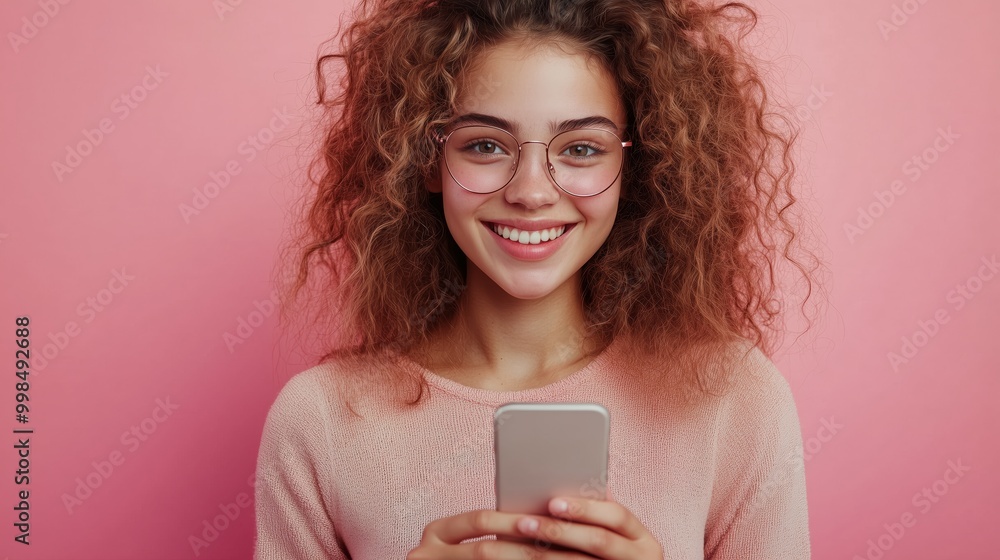 A portrait of an attractive young woman with curly hair holding her phone A portrait of an attractive young woman with curly hair holding her phone