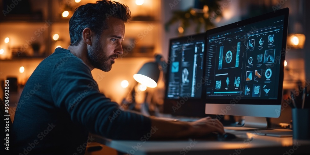 Graphic designer analyzing logo designs, printed versus digital, workspace tools softly blurred, gentle desk lamp illumination Graphic designer analyzing logo designs, printed versus digital, workspace tools softly blurred, gentle desk lamp illumination